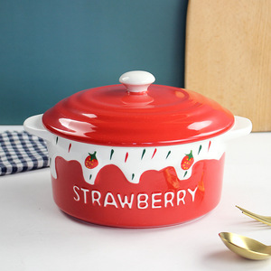 Bol à nouilles en céramique à double anse avec couvercle, grande taille, résistant aux hautes températures, avec motif fraise en relief, livraison gratuite - Product Image 1