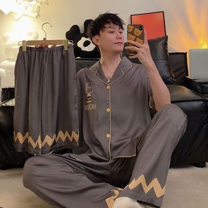 Conjunto de <span class=keywords><strong>pijamas</strong></span> de tres piezas de seda hielo y nieve de satén con solapa pequeña para hombre de verano al por mayor - Product Image 4