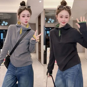 Korean Style Color Blocked Fleece Half Zip Hooded Sweatshirt Women Heather Gray Dark Gray Spring Autumn 2025 Base Layer Top - Product Image 5