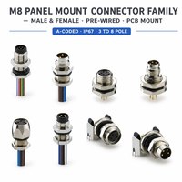 Conector de Montaje en Panel M8, Macho, 8 Polos, Codificación A, IP67, para Montaje Lateral Trasero, Rosca M8, con Tuerca y Cables Trenzados, Longitud