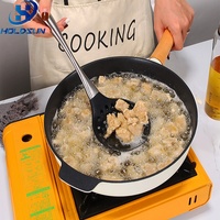 Écumoire de cuisine en silicone de qualité alimentaire résistante à la chaleur, couleur personnalisée, avec revêtement en bois antidérapant et manche en acier inoxydable