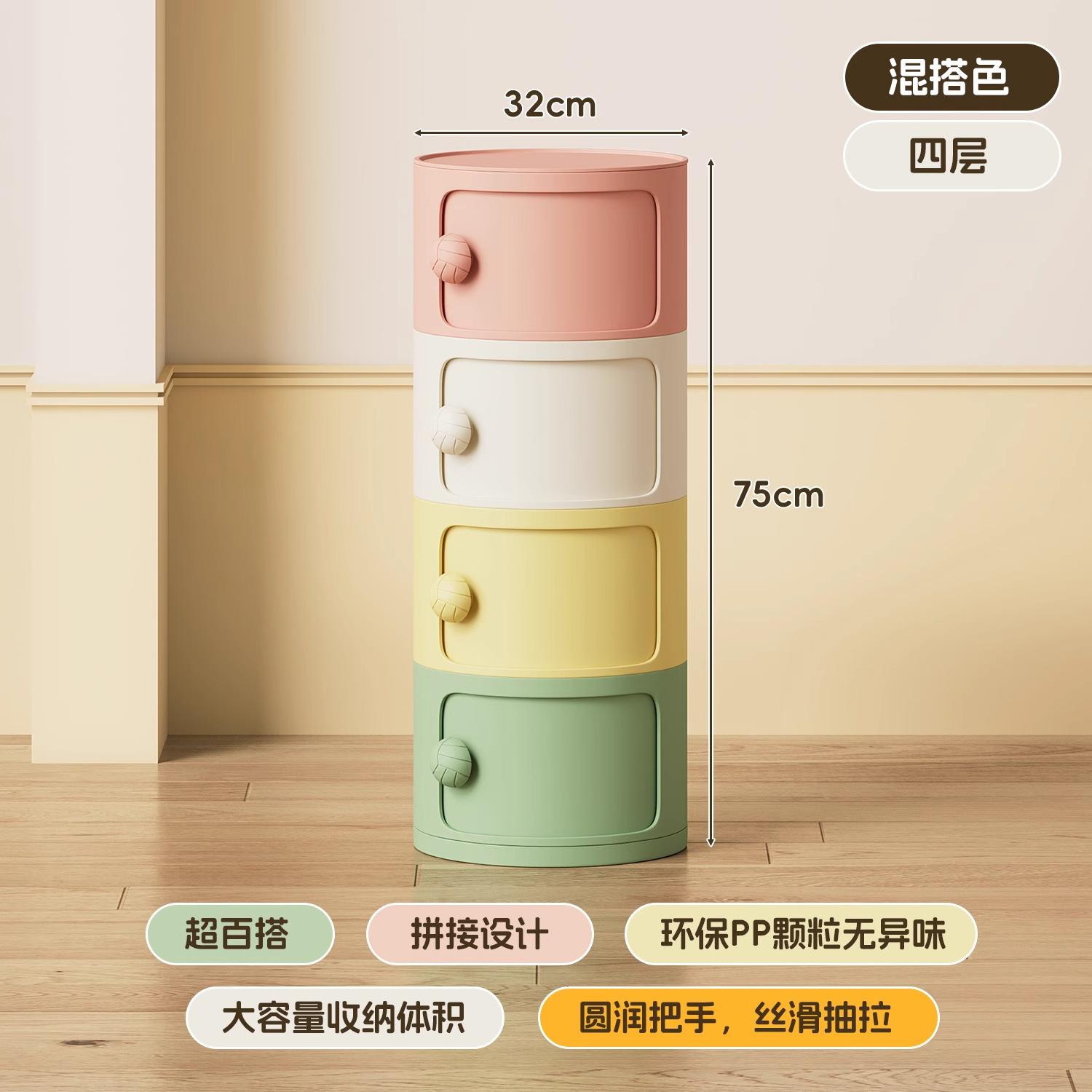 White, pink, yellow, and green color scheme [four layers]