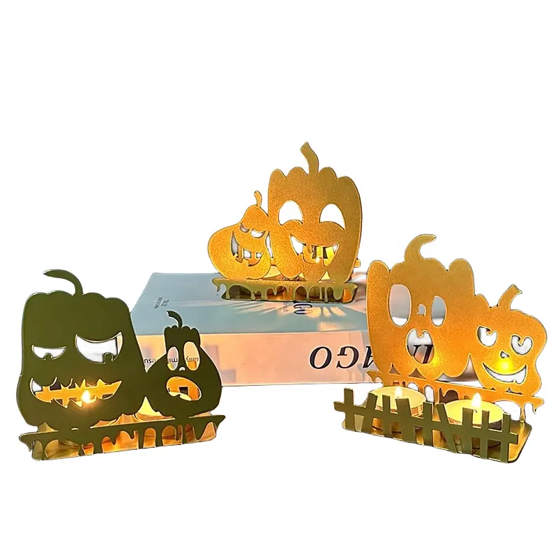 Metallo unico ferro decorativo ottone fuso nero zucca di Halloween fantasma grande pilastro d'oro cono candela portacandele