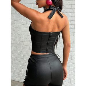 Women's Faux Leather Halter Crop Top Lace Up Backless Bodycon Clubwear Party <b>Rave</b> <b>Outfit</b> - Product Image 2
