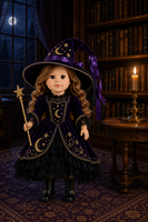 Ensemble de costume de sorcière en velours pour poupée miniature en vinyle de 18 pouces, avec chapeau, bas en dentelle, bottes, baguette magique, tenue victorienne pour Halloween, compatible avec les poupées de 18 pouces