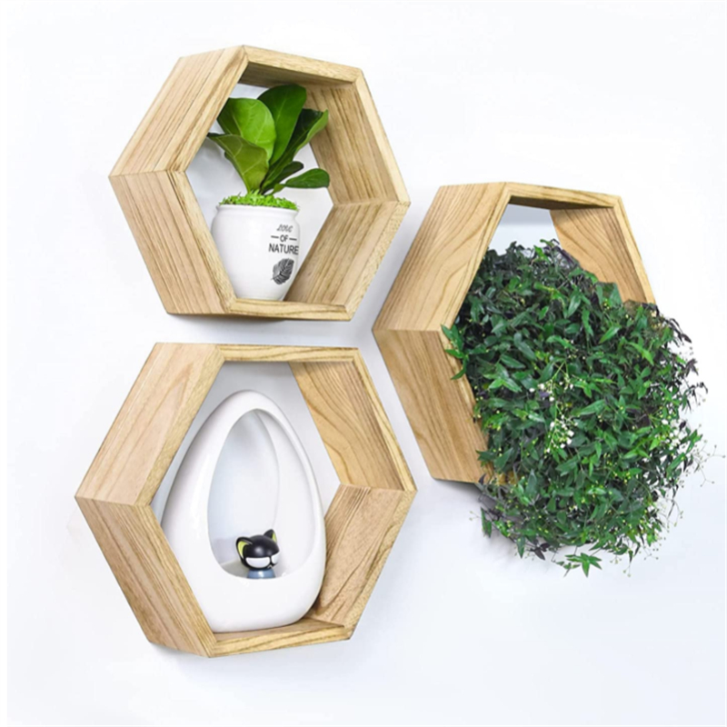 Оптовая продажа, горячая Распродажа, высококачественные шестиугольные плавающие настенные полки, деревянные настенные полки