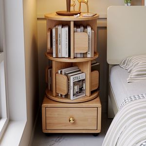Rotating Bookshelf Solid Wood Round Multi Functional Bedroom Bedside <b>Table</b> Storage Cabinet For Children Adults Elderly - Product Image 3