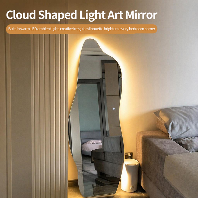 Modern Aesthetic Backlit LED Smart Irregular Full Length Mirror Frameless Wavy Floor Standing Dressing Mirror