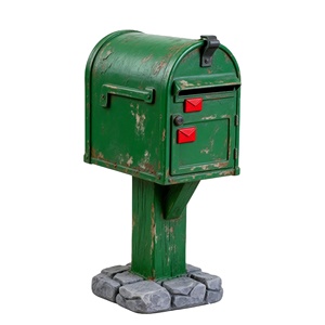 Boîte aux lettres vintage verte - Cadeau personnalisé en résine, finition vieillie avec enveloppes rouges, décoration de table fantaisie pour la maison et le bureau - Product Image 1