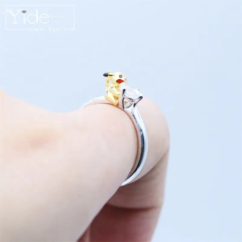High quality large stone silver ring custom made logo design enamel pikachu wedding ring wholesale