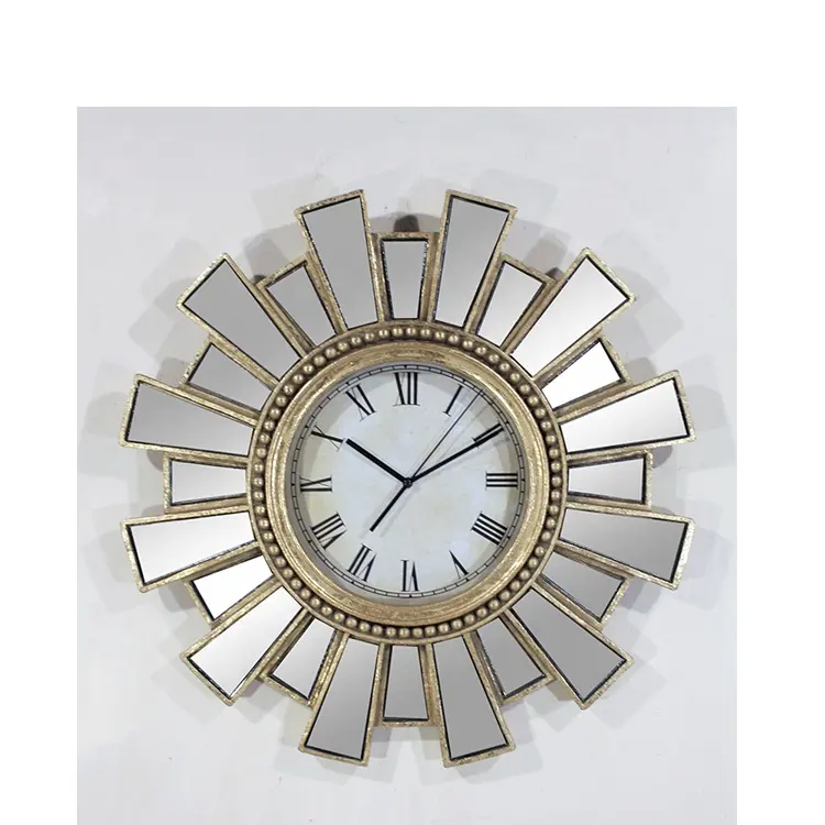 Antique silver starburst mirror mosaic wall clock for home decoration