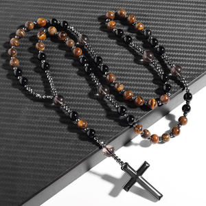 Collier <span class=keywords><strong>de</strong></span> prière catholique en perles <span class=keywords><strong>de</strong></span> pierre œil <span class=keywords><strong>de</strong></span> tigre naturelle <span class=keywords><strong>de</strong></span> 8 mm, perles nouées, pour femmes et hommes, pendentif croix en hématite, bijoux Mala - Product Image 1