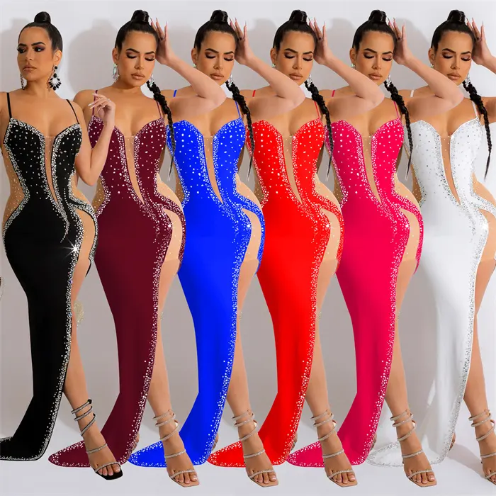 Vestidos elegantes para mujer fiesta lente juelas Diamant Spaghetti träger Sexy Mesh Promi Party Abend Maxi kleid