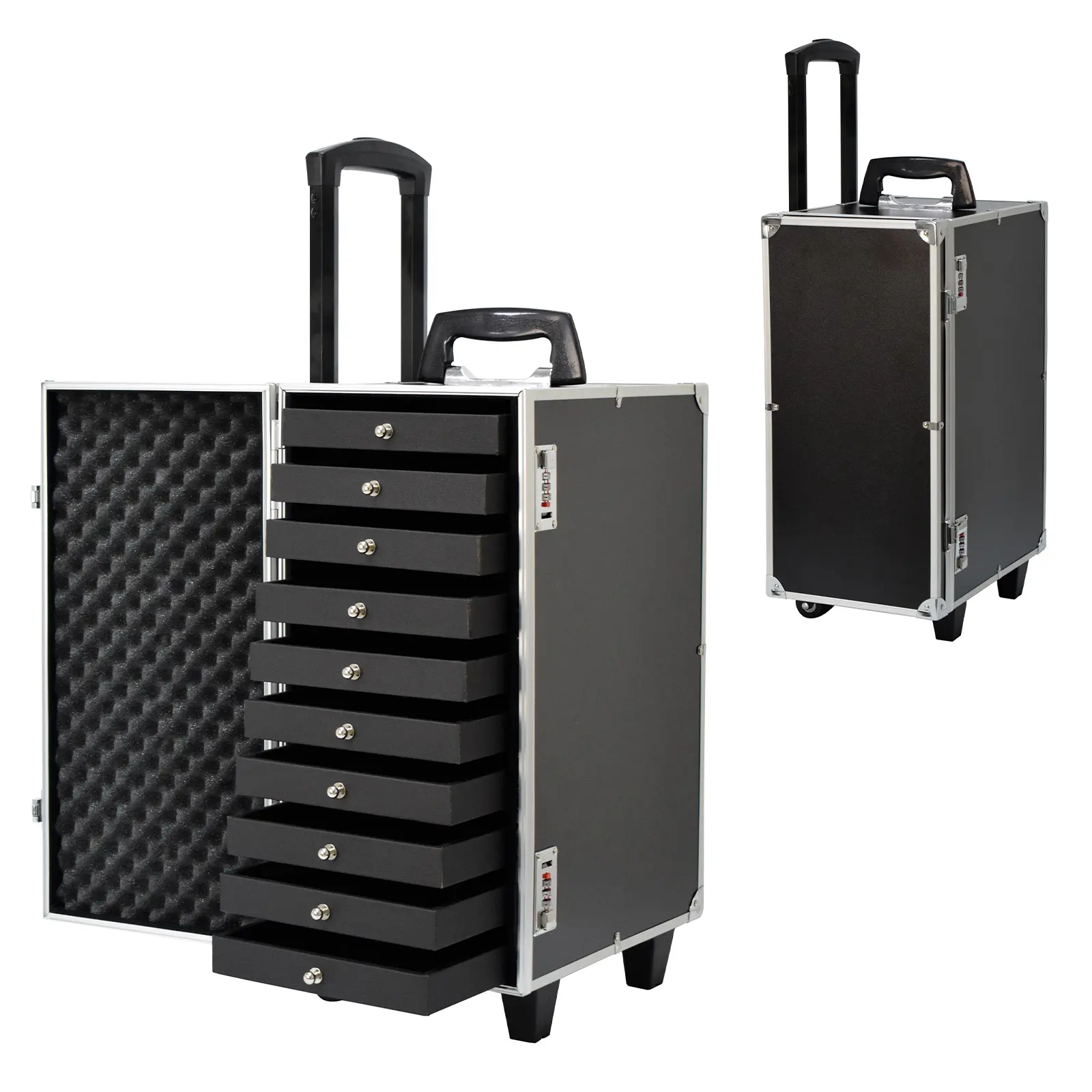 Rolling Jewelry Case with Trays Jewelry Trolley Case for Salesman with Drawers Aluminum Jewelry Case with Wheels
