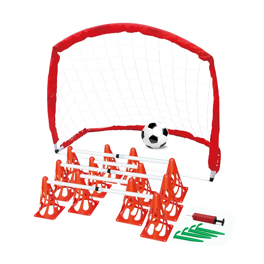 Conjunto de habilidade para treinamento de futebol, brinquedo de plástico portátil para crianças com rede e blocos de rodas