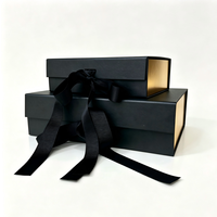 Boîte cadeau pliante de luxe bicolore bleu foncé et or, magnétique avec nœud en ruban, gain de place, rigide, personnalisable avec logo et taille