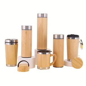 Custom Bamboo Stainless Steel Vacuum Thermal Insulation Reusable Travel Coffee <b>Cup</b> With Handle Wholesale - Product Image 2