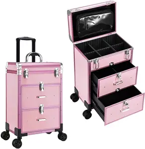 Professional Rolling Makeup Train Case with Drawers, Large Cosmetic Trolley Locks, Cosmetics Storage Organizer Make up