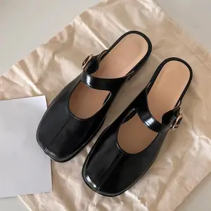 XINZI CHUVA Logotipo Personalizado Senhoras Sandálias Flat Classic Round Toe Low Heel Slides Sapatos Mule de Couro Preto das Mulheres para o Verão