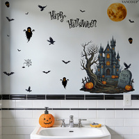Stiker Dinding Halloween Motif Kelelawar Hitam dan Kastil Laba-laba, Dekorasi Dinding Rumah Perekat Sendiri untuk Suasana Seram