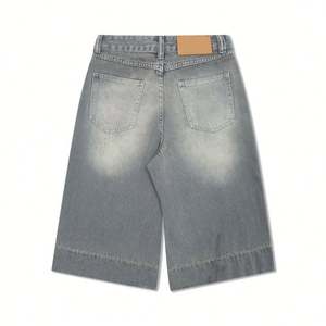 Distressed Washed Straight-<b>leg</b> Cropped Trousers for Men Jorts Summer Creases and Whitening <b>Wide</b>-<b>leg</b> Loose Casual Tweed <b>Shorts</b> - Product Image 2