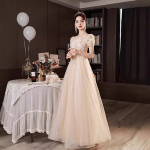 Champagne Evening Gown Square Collar A-Line Empire Waist Floral Print 3D Stereoscopic Patterns Mid Length Banquet Dress - Product Image 3