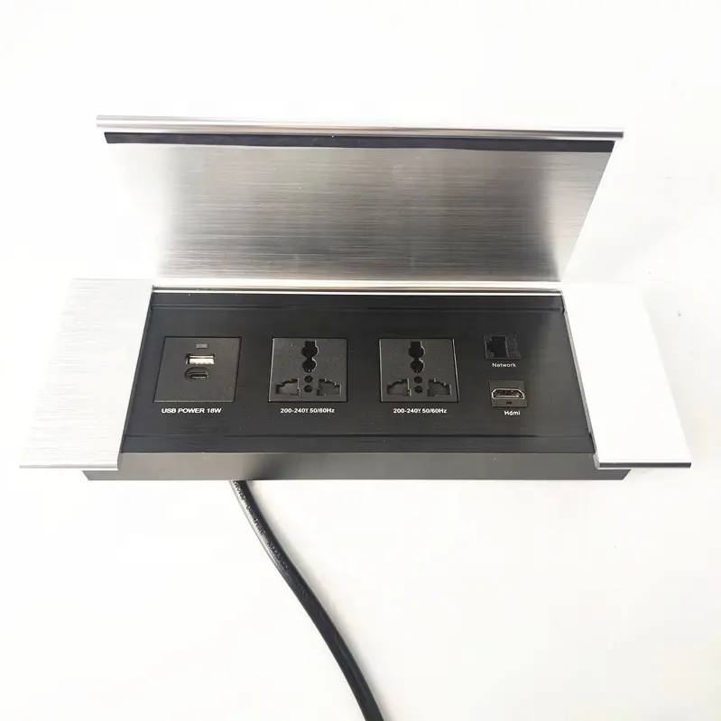 Nouveau design de mobilier de bureau en alliage d'aluminium, couvercle rabattable, prise de courant universelle USB-C cat6, prise de données
