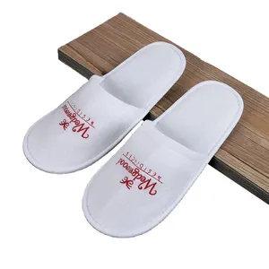 Factory wholesale white Embroidery Logo Close Toe Cotton Napped Fabric Disposable Hotel Custom Slippers With Logo