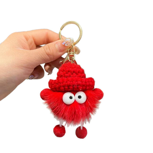 QYS Cute Imitation Mink Fur Small Briquettes Car Keychain Doll With Woolen Yarn Hat Plush Keyring - Product Image 3