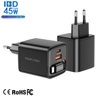 Chargeur mural rapide 45W PD3.0 PPS SCP OTP avec câble rétractable GaN de 80 cm (ports USB-C + USB-A) certifié CE/FCC/OVP
