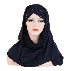 Wholesale Muslim hijab Scarf Hat, Two-piece Beaded Milk Silk Scarf for Ladies