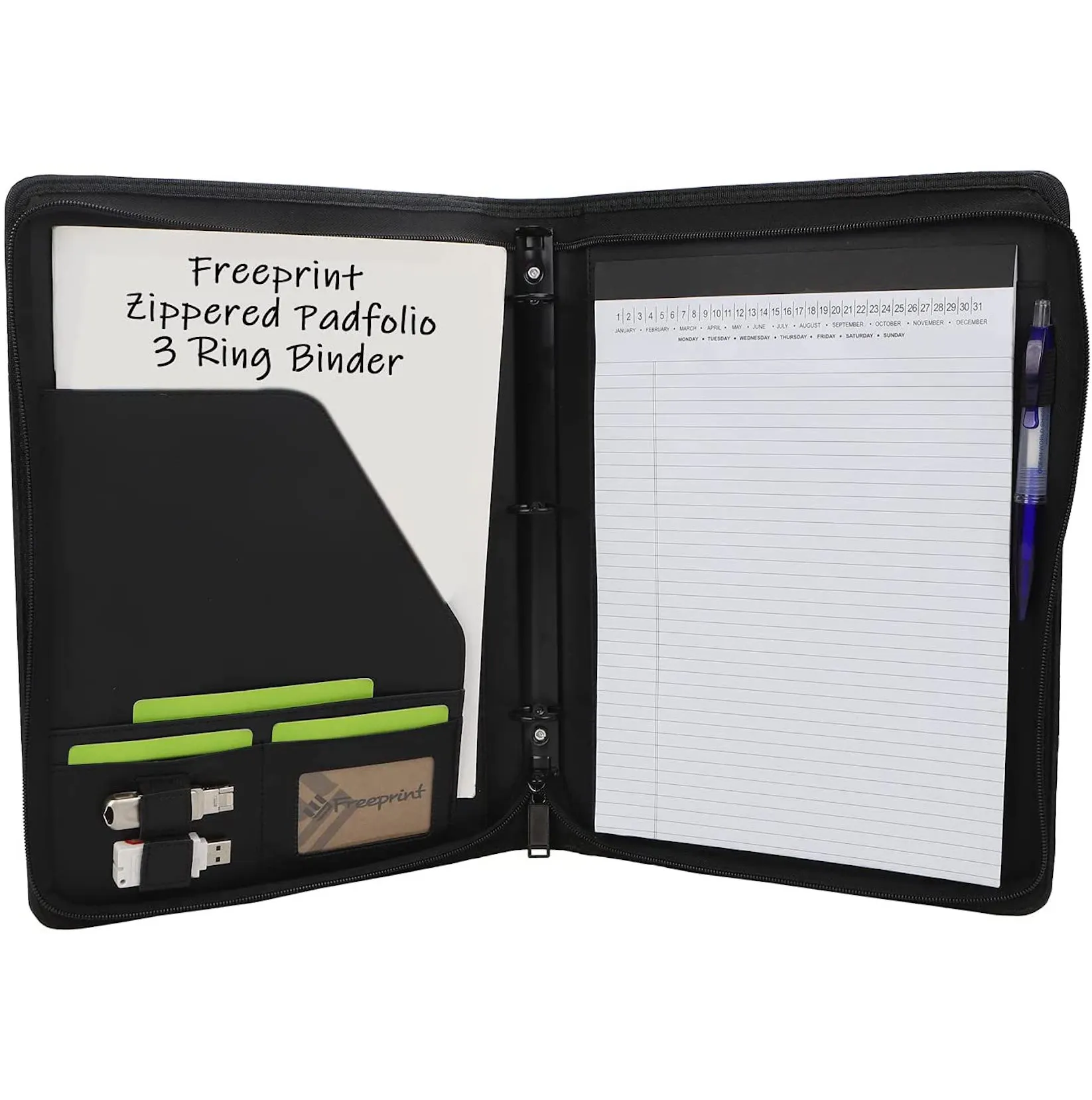 Zippered portfólio binder 3 anel com bloco de escrita tamanho legal carta