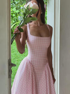 Nouvel arrivage Robe longue américaine à carreaux bleu pastoral pour femmes, style campagne et été, tenue décontractée - Product Image 4