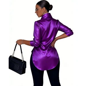 Women's Satin Longline Shirt Lapel Collar Button-Up Side Slit Blouse Casual Formal <b>Top</b> Fashion - Product Image 6