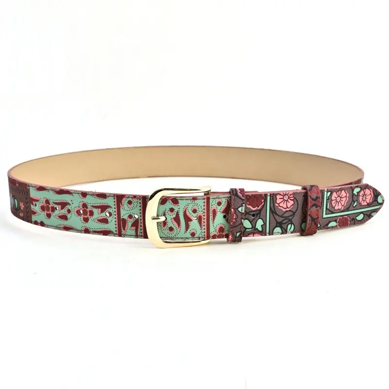 Gold Pin Buckle Fashion Custom Artificial PU Leather Ladies Printing Belts for Jeans