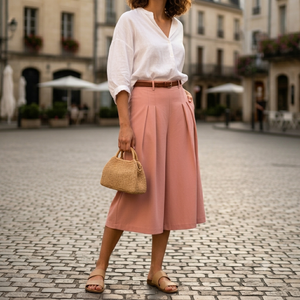 Fabricant vietnamien – Nouvelle jupe-culotte plissée rose respirante avec ceinture, coupe droite, décontractée, pour femme, couleur unie, en tissu peigné - Product Image 1