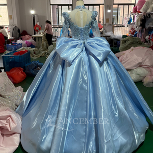 Mc071 Elegant Illusion High Neck Long Sleeve Beaded Blush Shimmer Satin <b>Ball</b> <b>Gown</b> Quinceanera Dress For Sweet 16 Jancember - Product Image 2