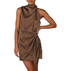 Robe de soirée courte en satin formelle pour femmes, sans manches, col montant, taille nouée, été, personnalisée - Product Image 4