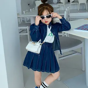 New arrival toddler girls boutique long sleeve solid denim shirt jacket top and jeans skirt clothing set for kids