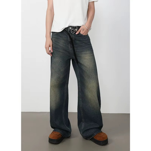 Pantalon long en denim délavé rétro américain pour homme, tendance, ample, droit, à jambes larges, élégant et polyvalent - Product Image 4