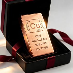 Barra de lingote de cobre pulido .999 de 1 kilogramo con parámetros del elemento grabados, en una exquisita caja de regalo, ideal para regalos navideños. - Product Image 1