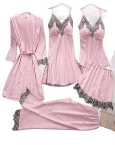 Conjunto de Lencería Sexy de Cinco Piezas de Satén para Verano, con Tirantes, Cierre Elástico en la Cintura, Largo hasta la Rodilla, Pijama para Mujer - Product Image 3