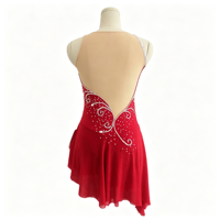 Robe de patinage artistique rouge sans manches, dos nu en V profond, jupe asymétrique ornée de strass pour filles et adultes, compétition et performance