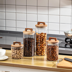 Good High Borosilicate Glass <b>Storage</b> <b>Jars</b> with Acacia Wooden Lids clear Glass <b>Kitchen</b> Containers with Handles Sets - Product Image 2