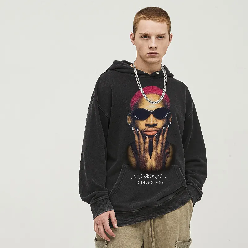 High Street Dennis Rodman Baumwolle Mode Hoodies Hip Hop Rapper Stilvolle Worn Effect Sweatshirt Youngster Hoodies
