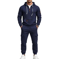 Ensemble deux pièces pour homme, automne, sweat à capuche mi-zippé doublé polaire uni avec pantalon cargo jogger, tenue de sport décontractée et épaisse