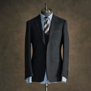 Costume 3 pièces de haute qualité à rayures, 66% polyester, revers crantés, coupe ajustée, formel, pour hommes - Product Image 4