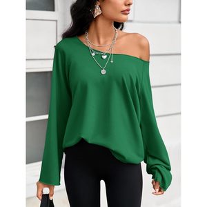 Womens Off The Shoulder Tops Long Sleeve <b>Lightweight</b> Oversized Pullover Green Tunic Loose Fit Sweatshirt - Product Image 3