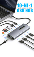 Hub USB Type C 10 en 1 avec RJ45 1000M, prise en charge des cartes SD 2.1, station d'accueil en alliage d'aluminium USB 3.1, en stock