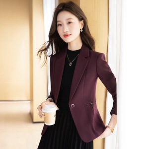 Women's Purple Red Blazer Single Button Fitted Waist Long Sleeve Solid Color Polyester Anti-Wrinkle Professional Suit - Product Image 1
